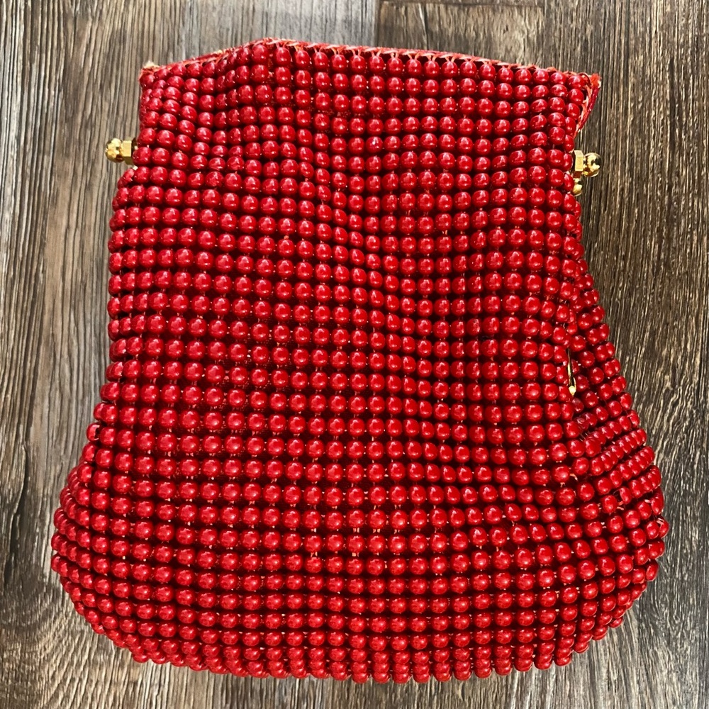 Small Red Beaded Purse with Gold Clasp, Red Satin lining, & Red Crossbody Chain